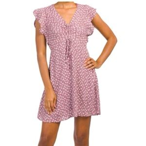 Monteau LA empire waist, flutter sleeve mini dress in purple with floral pattern